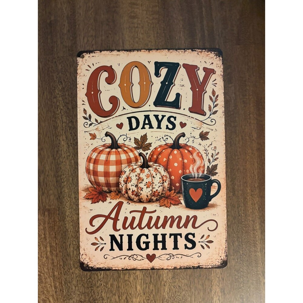 "Pumpkin Kisses & Autumn Wishes" Vintage Style Metal Tin Sign - 12x8